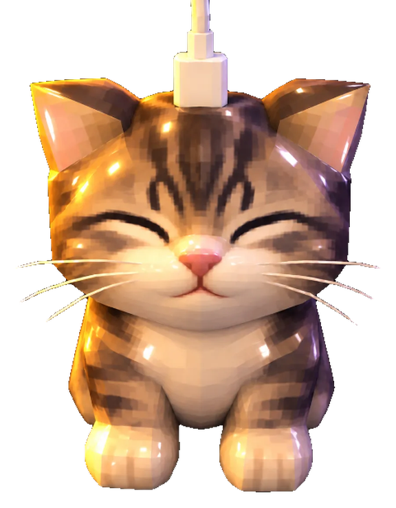 Plug Cat, a contented tabby kitten with a white plug in the top of his head